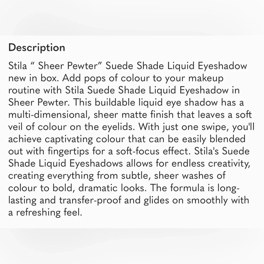 NEW Stila Suede Shade Liquid Eye Shadow sheer pewter silver